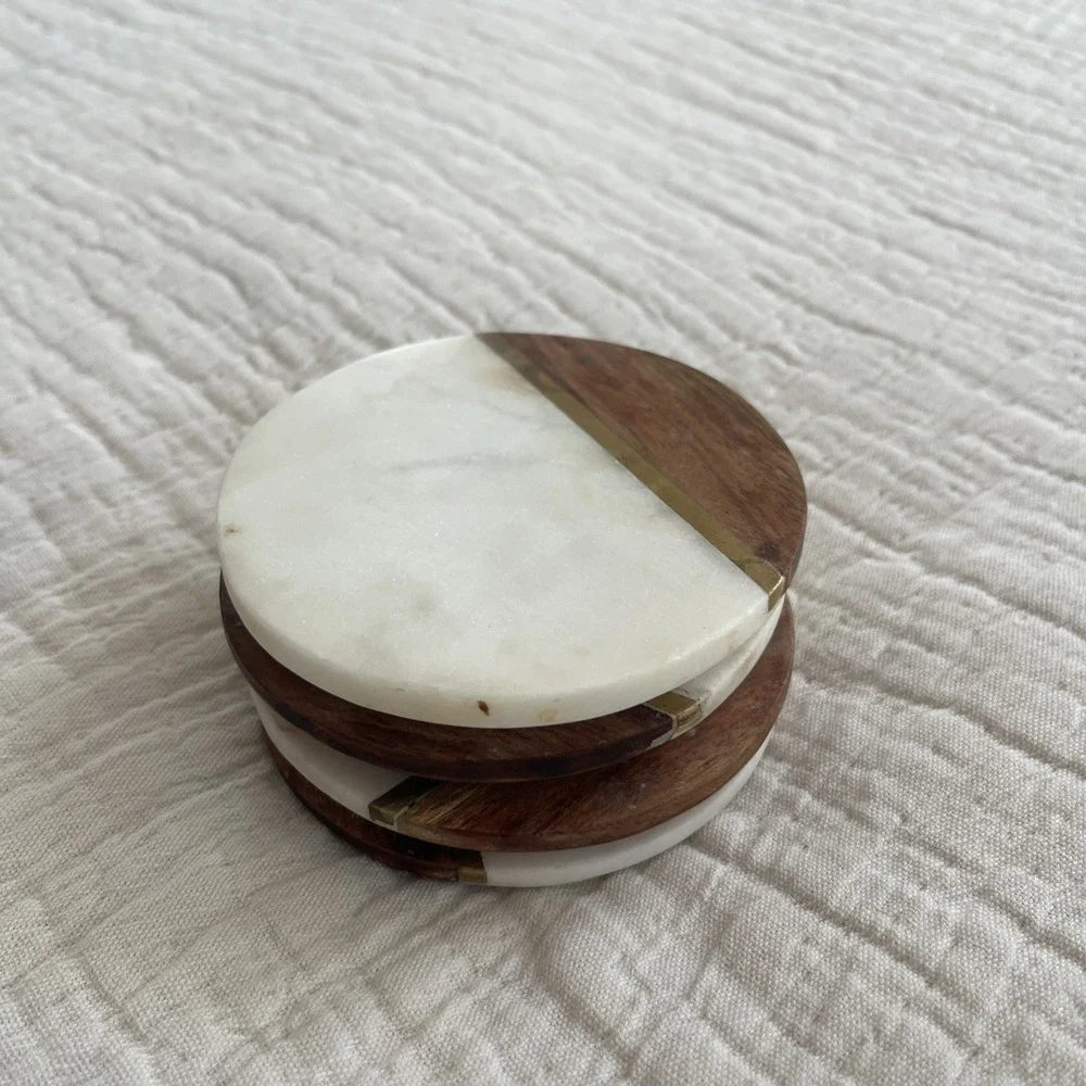 Hand Carved‎ Marble Brass & Wood Coasters - Set of 4